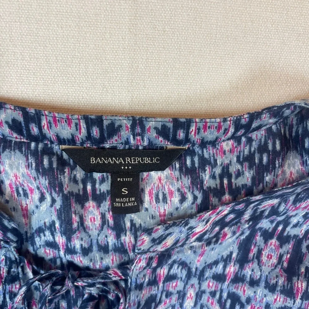 Banana Republic‎ Petite Blue Pink Ikat Print Lace Up Puff Sleeve Top - Size S